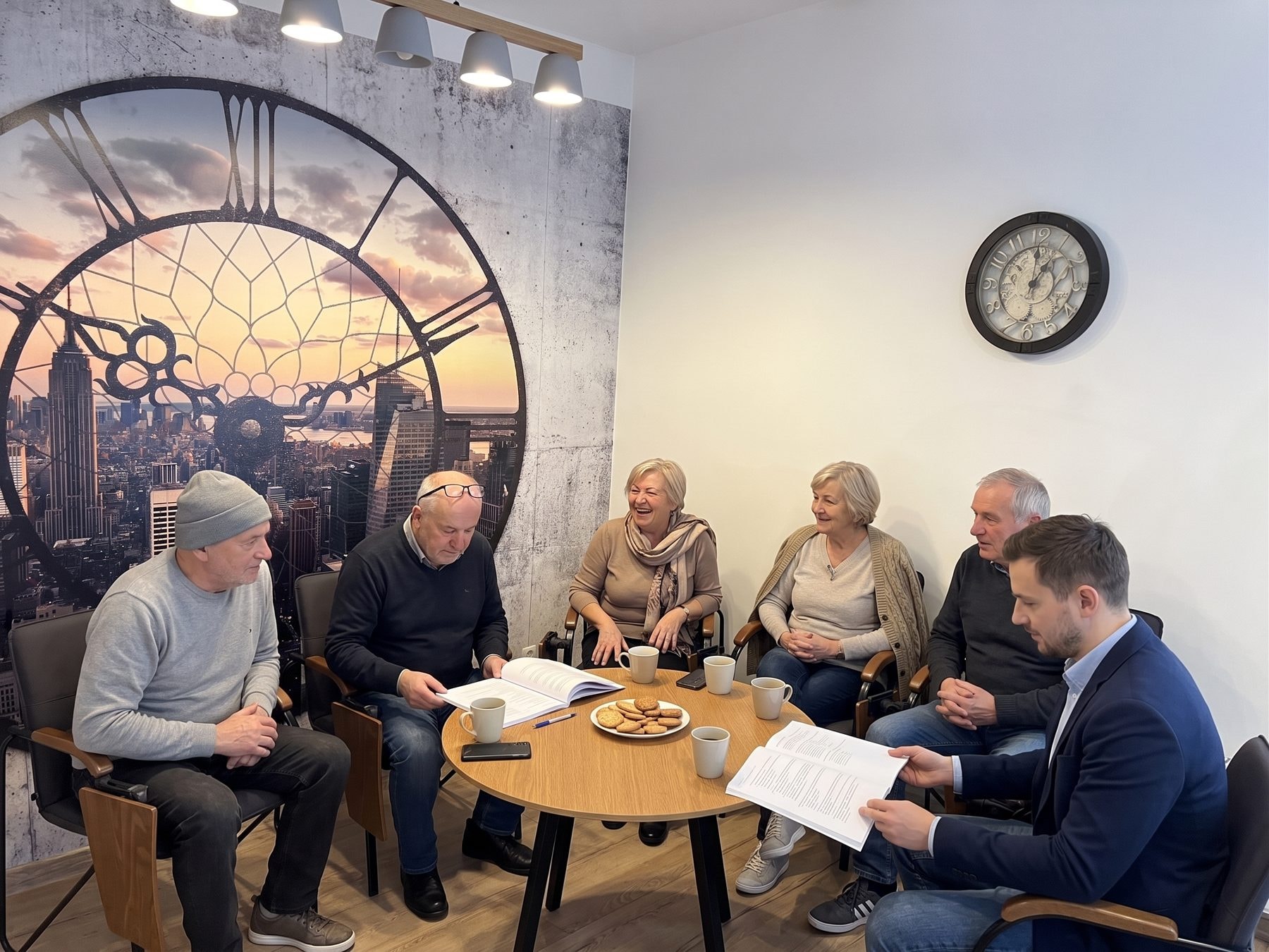 Seniorzy przy wspólnym stole z kawą podczas zajęć językowych