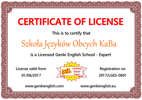 Certyfikat licencji Genki English dla Szkoły Języków Obcych KaBa, status Expert, ważny od 1 czerwca 2017, numer 2017/LGES-0601