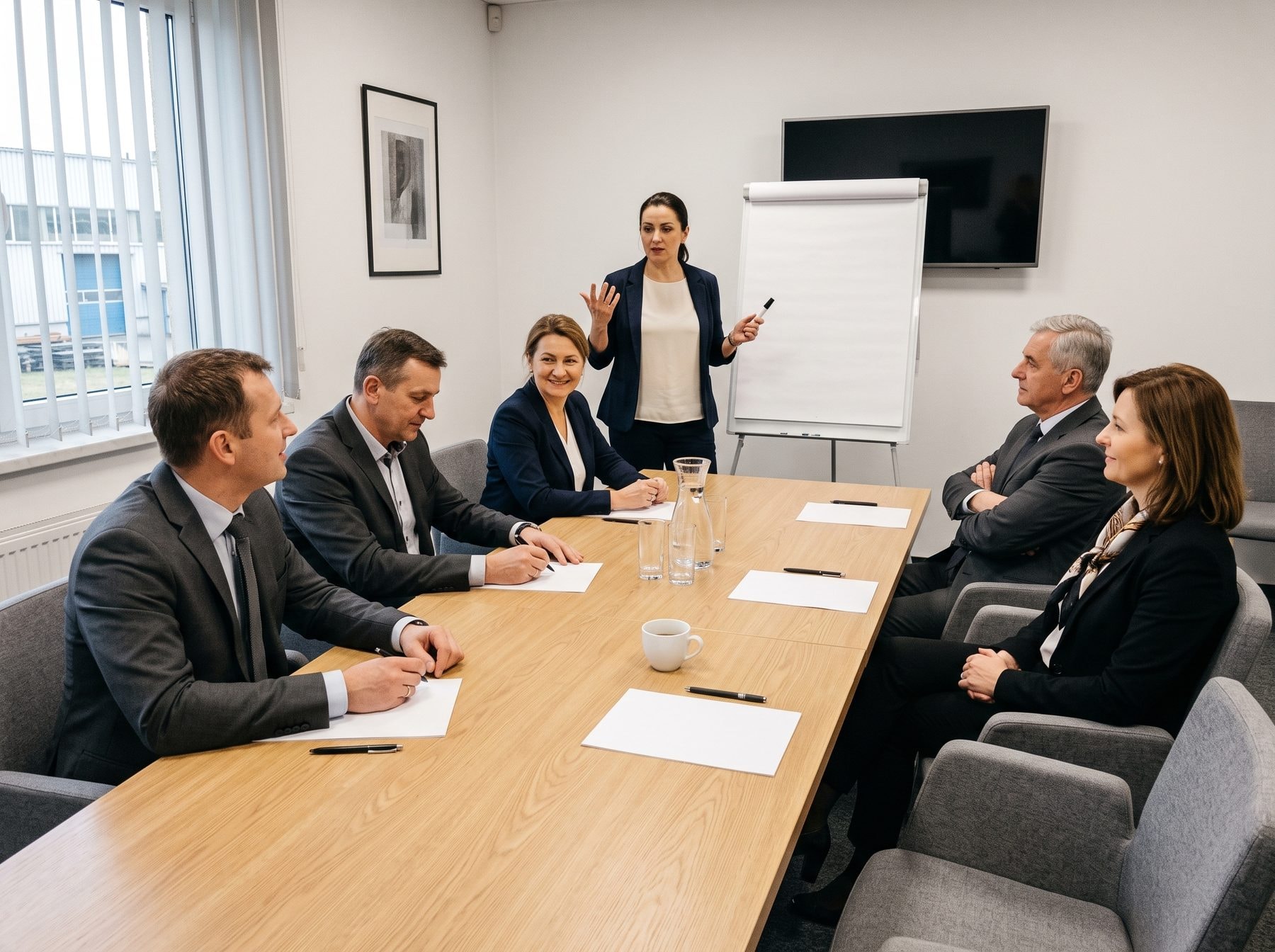 Szkolenie językowe dla kadry zarządzającej w sali konferencyjnej firmy