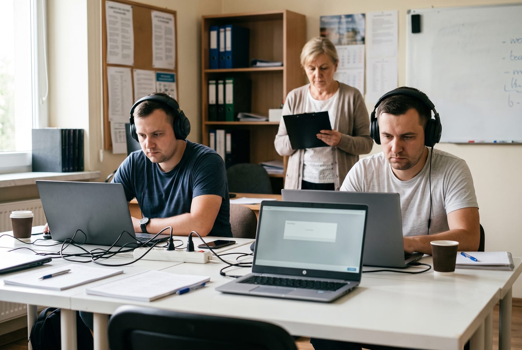 Pracownicy podczas komputerowego testu językowego w słuchawkach
